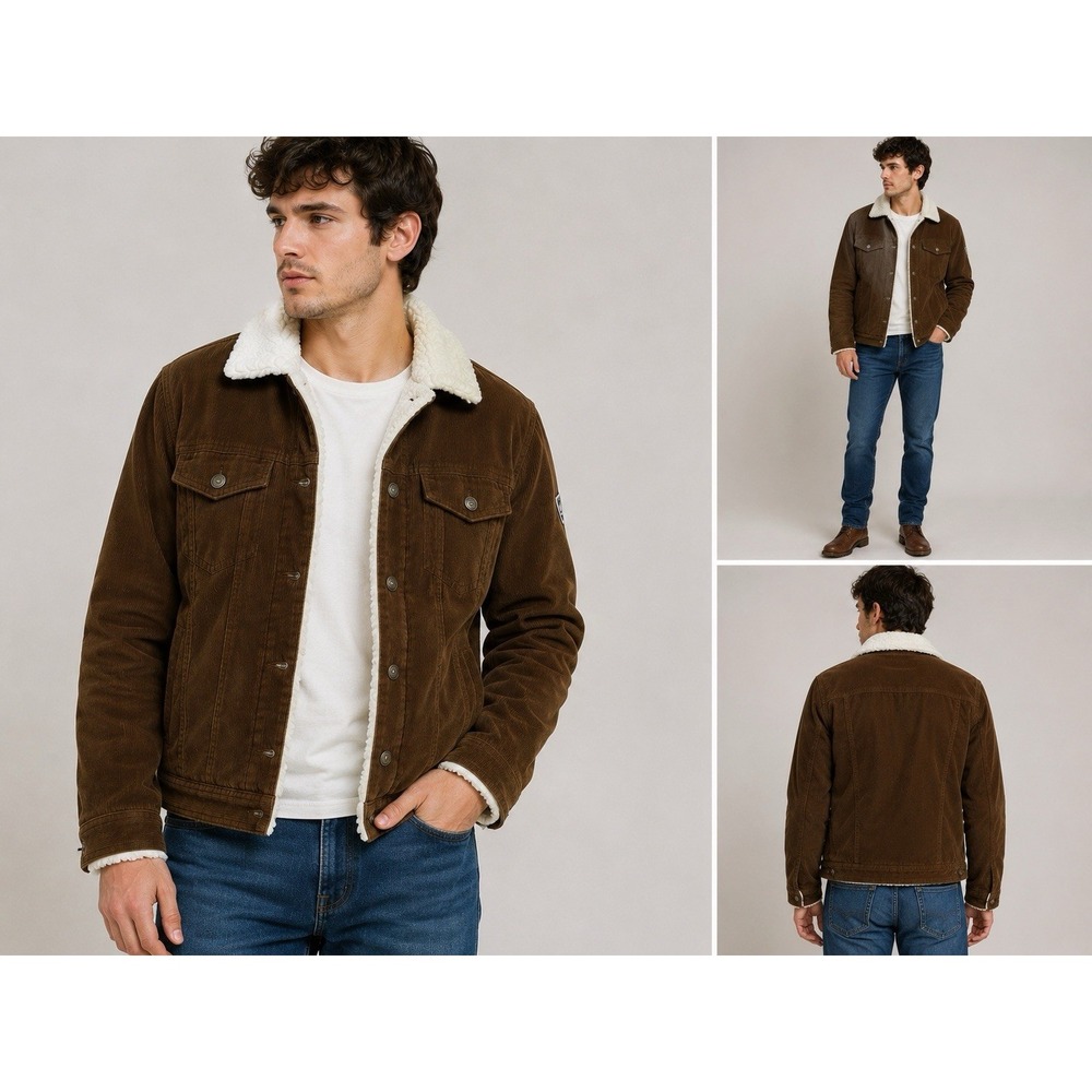 Guess Corduroy Jacket Men's Sz Large Brown Snap Front Quilted Lined